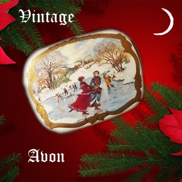 Holiday Pin Rare Vintage Avon Book Piece, Victorian Winter Skating Scene - Picture 1 of 15